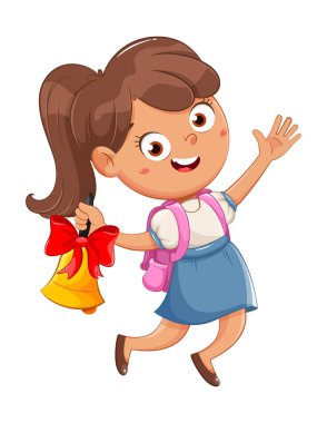 El ele tutuşan tatlı liseli kız. Tatlı kız çizgi film karakteri. 1 Eylül. Okul konseptine geri dönelim. Beyaz arkaplanda stok vektör illüstrasyonu