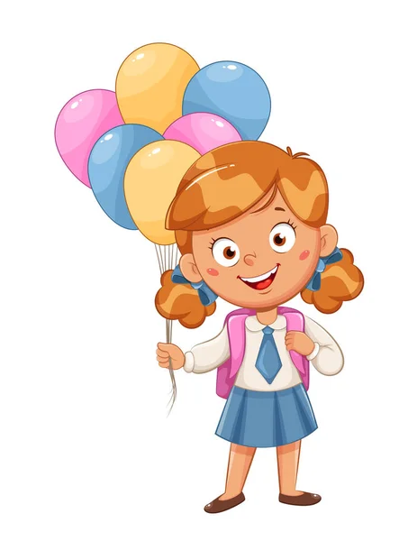 Linda Colegiala Con Globos Lindo Personaje Dibujos Animados Septiembre Vuelta — Archivo Imágenes Vectoriales