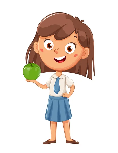 Cute Schoolgirl Holding Fresh Green Apple Cute Girl Cartoon Character — Vector de stock