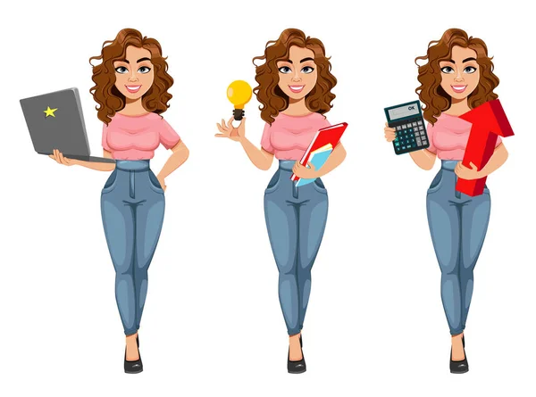 Beautiful Business Woman Set Three Poses Cute Young Businesswoman Cartoon — Wektor stockowy