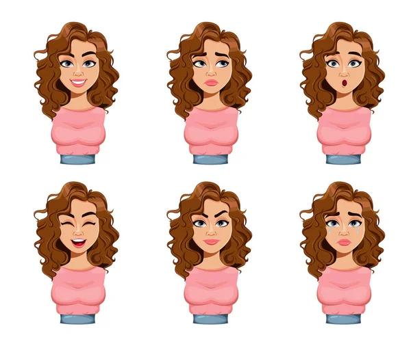 Face Expressions Beautiful Woman Brown Hair Different Female Emotions Set - Stok Vektor