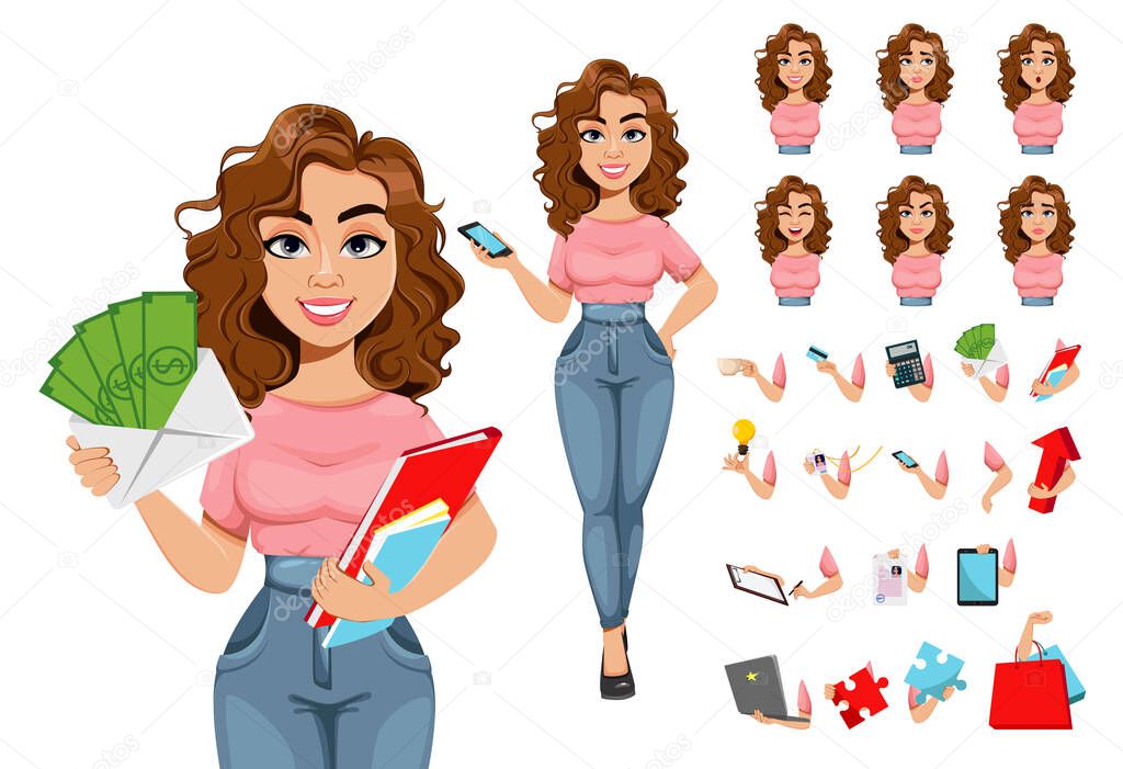 Beautiful business woman, pack of body parts, emotions and things. Cute young businesswoman cartoon character. Build your personal design. Stock vector illustration 