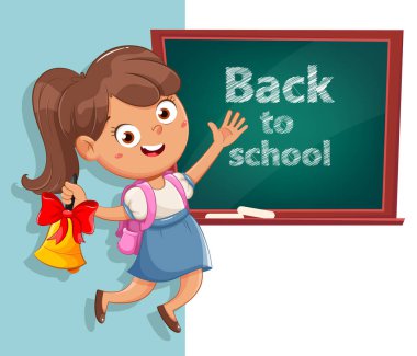 El ele tutuşan tatlı liseli kız. Tatlı kız çizgi film karakteri. 1 Eylül. Okul konseptine geri dönelim. Stok vektör illüstrasyonu