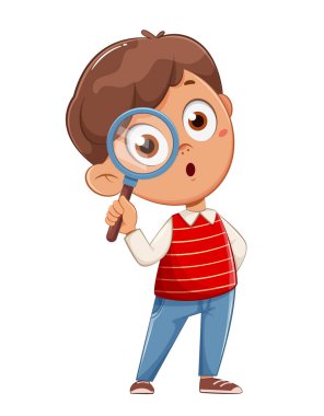 Cute schoolboy with magnifying glass. Cute boy cartoon character. September 1. Back to school concept. Stock vector illustration 