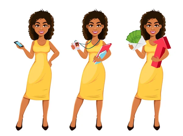 Beautiful African American Business Woman Set Three Poses Cute Young — Vettoriale Stock
