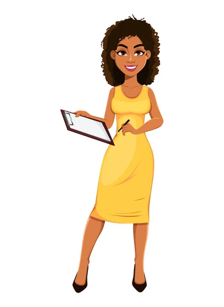 Beautiful African American Business Woman Making Notes Cute Young Businesswoman — ストックベクタ