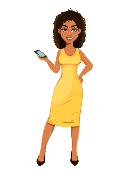 Beautiful African American Business Woman Holding Smartphone Cute Young Businesswoman — Vector de stock