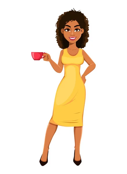 Beautiful African American Business Woman Having Coffee Break Cute Young — Vector de stock