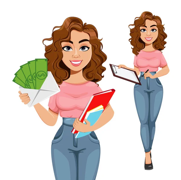 Beautiful Business Woman Set Two Poses Cute Young Businesswoman Cartoon — Vector de stock