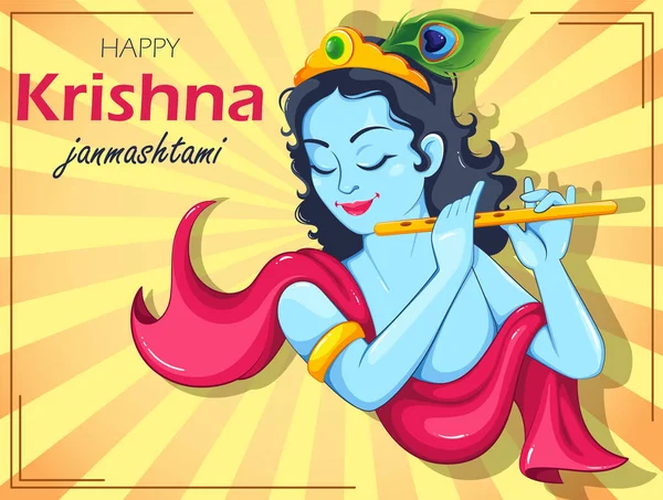 Happy Krishna Janmashtami Greeting Card Lord Krishna Playing Flute Happy — Vetor de Stock