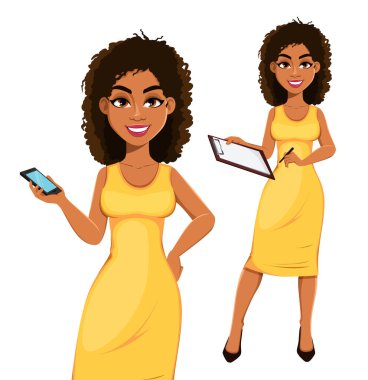 Beautiful African American business woman, set of two poses. Cute young businesswoman cartoon character. Stock vector illustration on white background