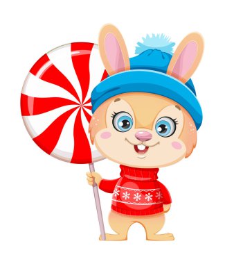 Merry Christmas. Cute cartoon character rabbit holding big candy. Merry Christmas and Happy New year. Stock vector illustration for holiday on white background