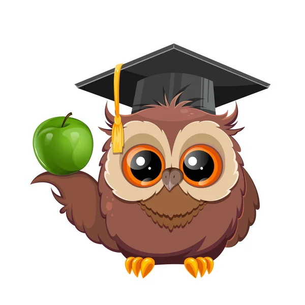 Wise Owl Graduation Cap Holding Green Fresh Apple Back School — Vector de stock