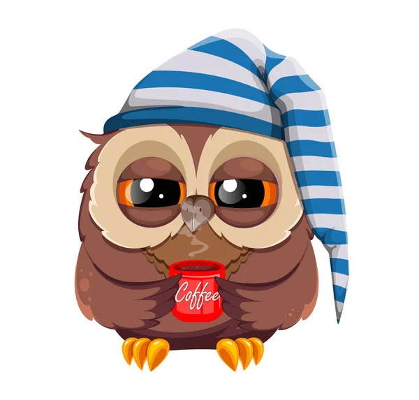 Sleepy Owl Cup Coffee Preparing School Back School Concept Cute — Vetor de Stock