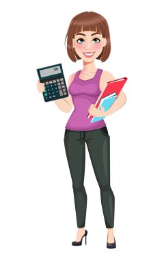 Beautiful business woman making calculations. Cute businesswoman cartoon character in casual clothes. Stock vector illustration