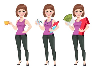 Beautiful business woman, set of three poses. Cute businesswoman cartoon character in casual clothes. Stock vector illustration on white background