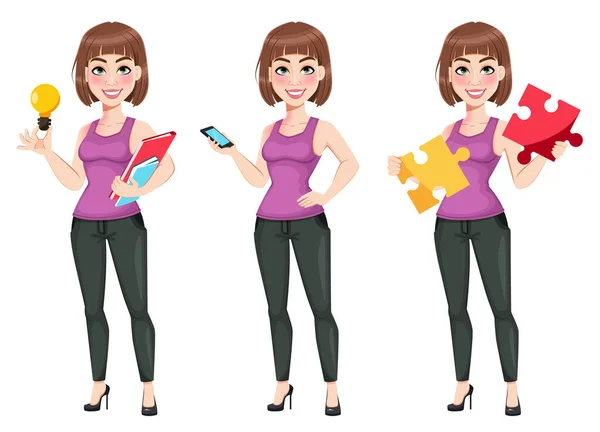 Business Woman Set Three Poses Cute Businesswoman Cartoon Character Stock — Stock Vector