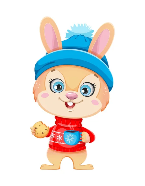 Merry Christmas Cute Cartoon Character Rabbit Drinking Coffee Cookie Merry — Vettoriale Stock