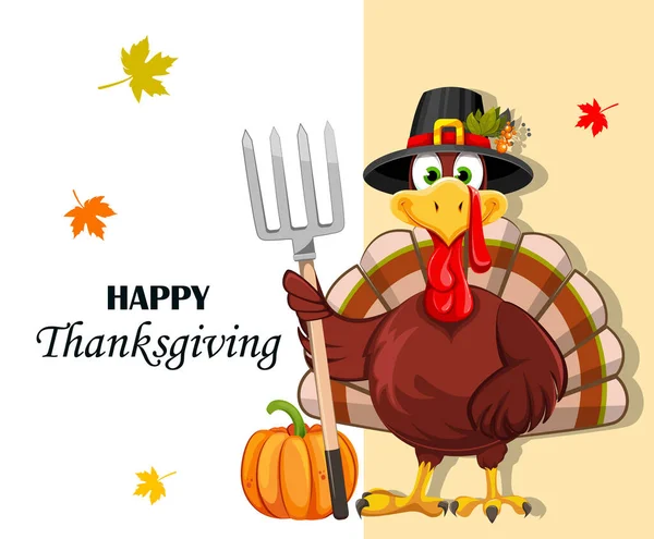 Happy Thanksgiving Day Greeting Card Funny Thanksgiving Turkey Bird Pilgrim — Stock Vector