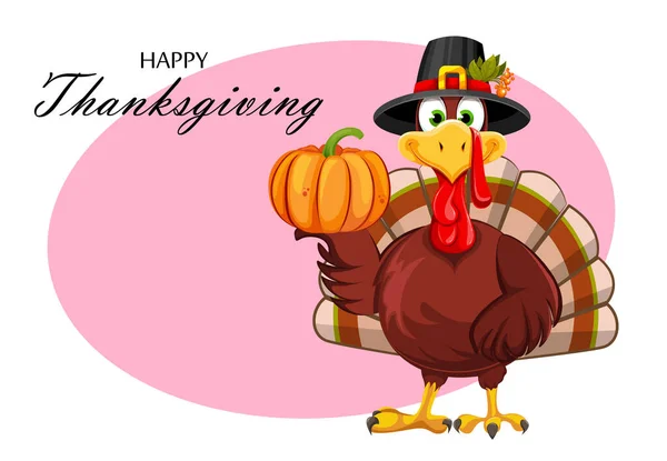 Happy Thanksgiving Day Greeting Card Funny Thanksgiving Turkey Bird Pilgrim — Vetor de Stock