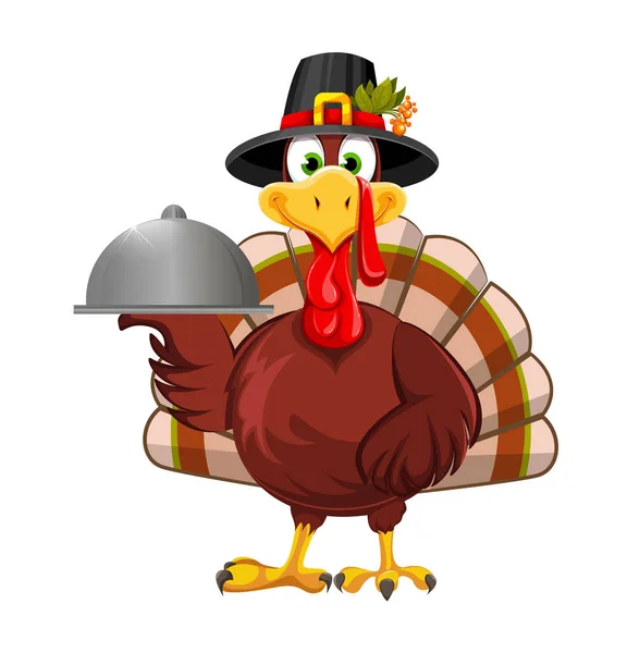 Happy Thanksgiving Day Funny Thanksgiving Turkey Bird Pilgrim Hat Holding — Vettoriale Stock