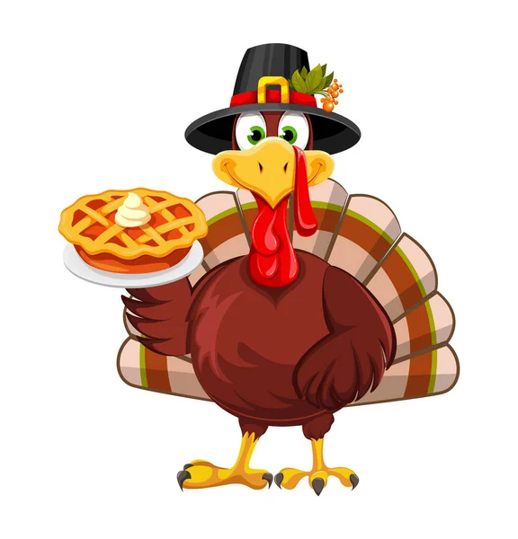 Happy Thanksgiving Day Funny Thanksgiving Turkey Bird Pilgrim Hat Holding — 스톡 벡터