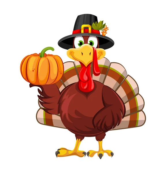 Happy Thanksgiving Day Funny Thanksgiving Turkey Bird Pilgrim Hat Holding — 스톡 벡터