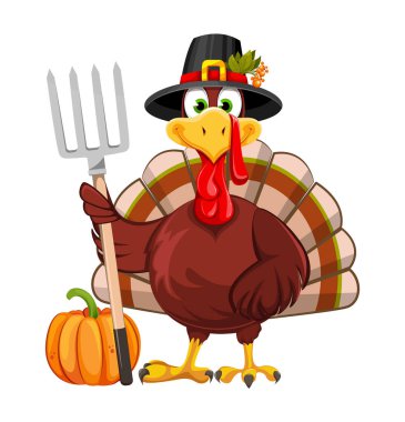 Happy Thanksgiving Day. Funny Thanksgiving Turkey bird in pilgrim hat holding pitchfork. Stock vector illustration on white background