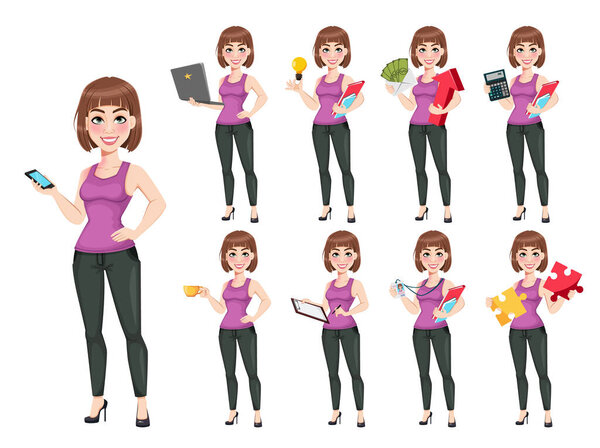 Beautiful business woman, set of nine poses. Cute businesswoman cartoon character. Stock vector illustration on white background