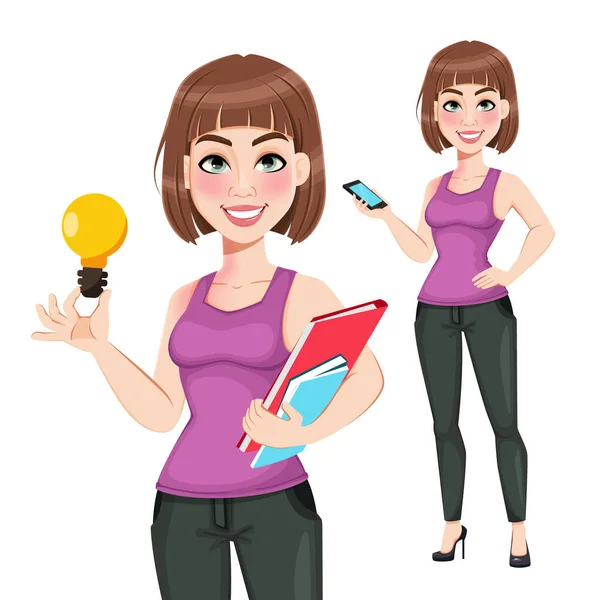 Beautiful Business Woman Set Two Poses Cute Businesswoman Cartoon Character — Wektor stockowy