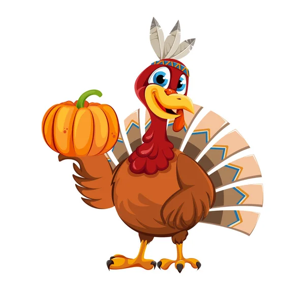 Happy Thanksgiving Day Funny Thanksgiving Turkey Bird Holding Pumpkin Stock — Stock Vector