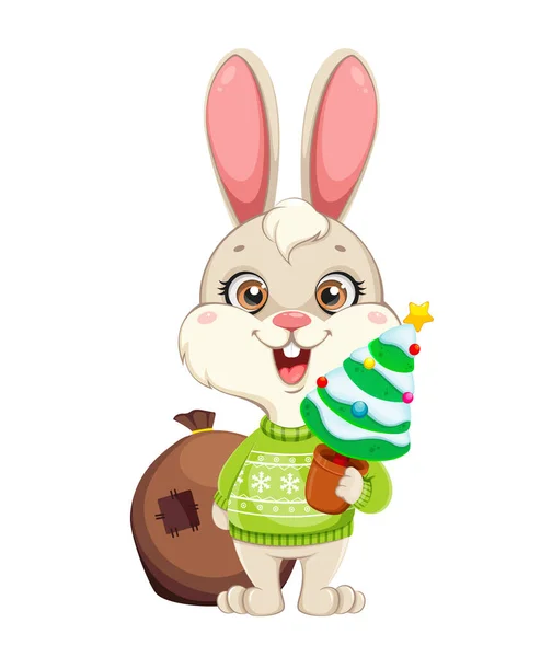Симпатичный Персонаж Мультфильма Кролик Забавный Кролик Игрушечной Елкой Рождеством Новым — стоковый вектор
