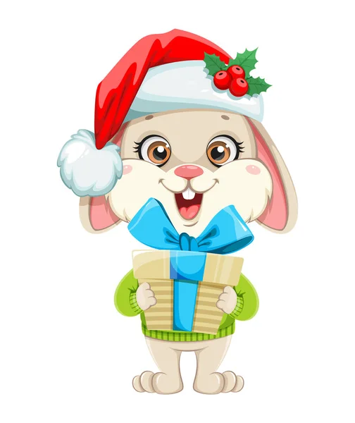 Cute Rabbit Cartoon Character Funny Bunny Gift Box Merry Christmas — Stock Vector