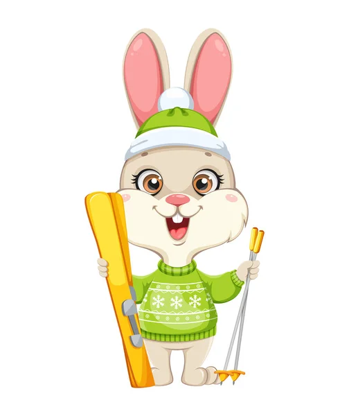 Cute Rabbit Cartoon Character Funny Bunny Goes Skiing Merry Christmas — Stock Vector