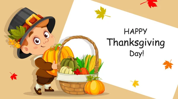 Selamat Hari Thanksgiving Kartu Ucapan Anak Laki Laki Lucu Karakter Grafik Vektor