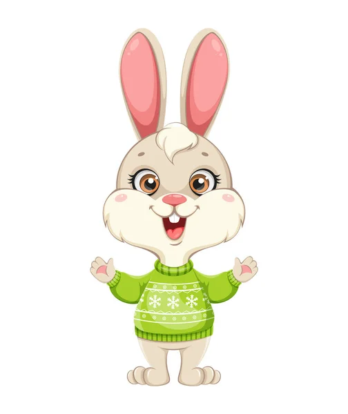 Cute Rabbit Cartoon Character Funny Bunny Warm Sweater Merry Christmas — Stock Vector