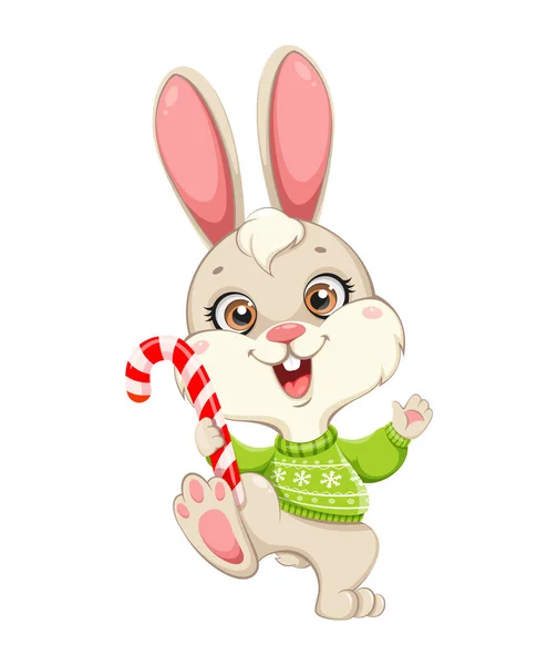 Cute Rabbit Cartoon Character Funny Bunny Holding Sweet Candy Cane — Stock Vector