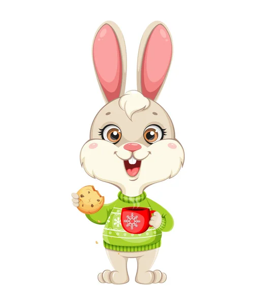 Cute Rabbit Cartoon Character Funny Bunny Holding Tasty Cookie Merry — Stock Vector