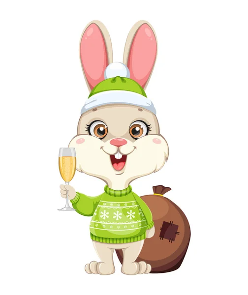Cute Rabbit Cartoon Character Funny Bunny Holding Glass Champagne Merry — Stock Vector