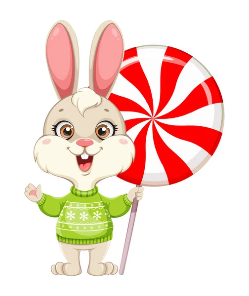 Cute Rabbit Cartoon Character Funny Bunny Holding Big Candy Merry — Stock Vector
