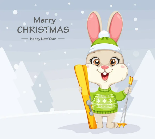 Buon Natale Felice Anno Nuovo Biglietto Auguri Carino Coniglio Personaggio — Vettoriale Stock