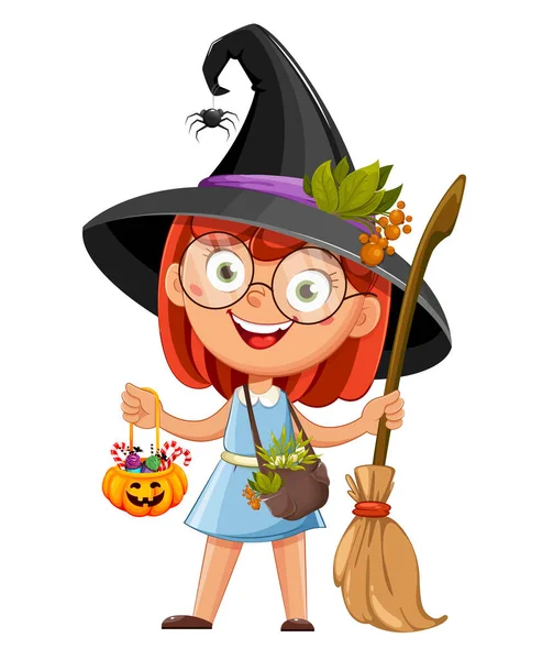 Mignon Jeune Belle Sorcière Fille Dessin Animé Joyeux Halloween Illustration — Image vectorielle