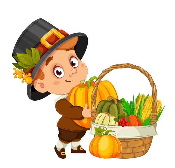 Joyeuse Fête Thanksgiving Mignon Petit Garçon Personnage Dessin Animé Dans — Image vectorielle