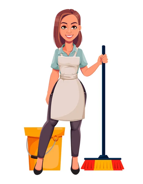 主婦のコンセプトは 若いかなりスタイリッシュな女性が床を掃引します 美しい女性漫画のキャラクター 白を背景にしたストックベクトルイラスト — ストックベクタ
