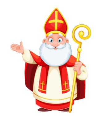 Şirin Aziz Nicholas veya Sinterklaas. Mutlu Aziz Nicholas Günü. Sevimli çizgi film karakteri. Beyaz arkaplanda stok vektör illüstrasyonu