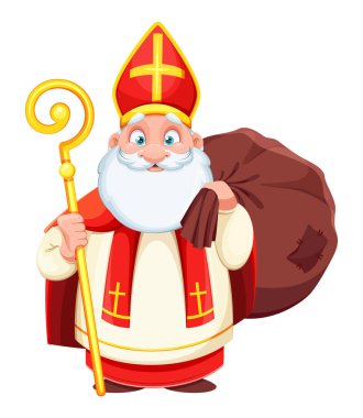 Şirin Aziz Nicholas mı yoksa büyük çantalı Sinterklaas mı? Mutlu Aziz Nicholas Günü. Sevimli çizgi film karakteri. Beyaz arkaplanda stok vektör illüstrasyonu