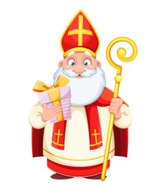 Şirin Aziz Nicholas mı yoksa hediye kutulu Sinterklaas mı? Mutlu Aziz Nicholas Günü. Sevimli çizgi film karakteri. Beyaz arkaplanda stok vektör illüstrasyonu