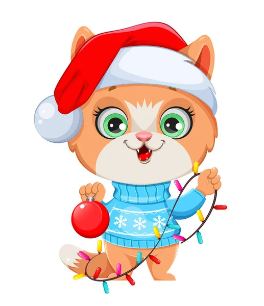 Nettes Kätzchen Mit Weihnachtsmütze Lustige Katze Cartoon Figur Mit Weihnachtsdekoration — Stockvektor