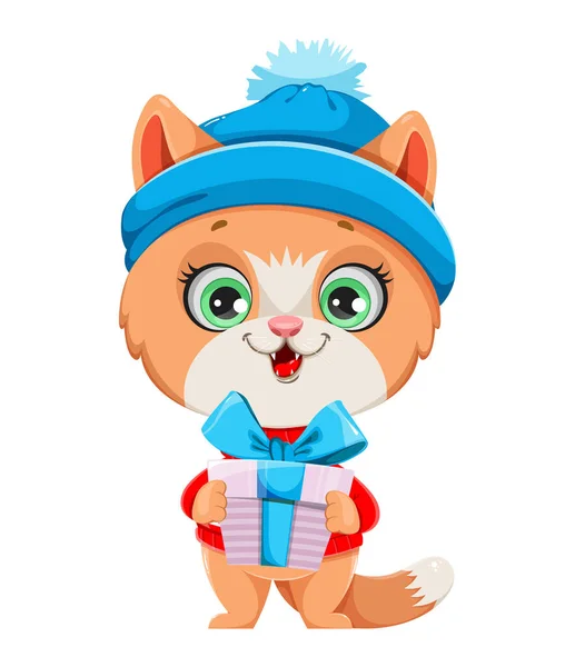 Gatinho Bonito Roupas Quentes Personagem Desenho Animado Gato Engraçado Segurando Gráficos Vetores