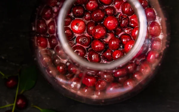 Homemade Liqueur Cherries Jar Natural Fermentation Process Ukrainian Tincture Top — Foto de Stock